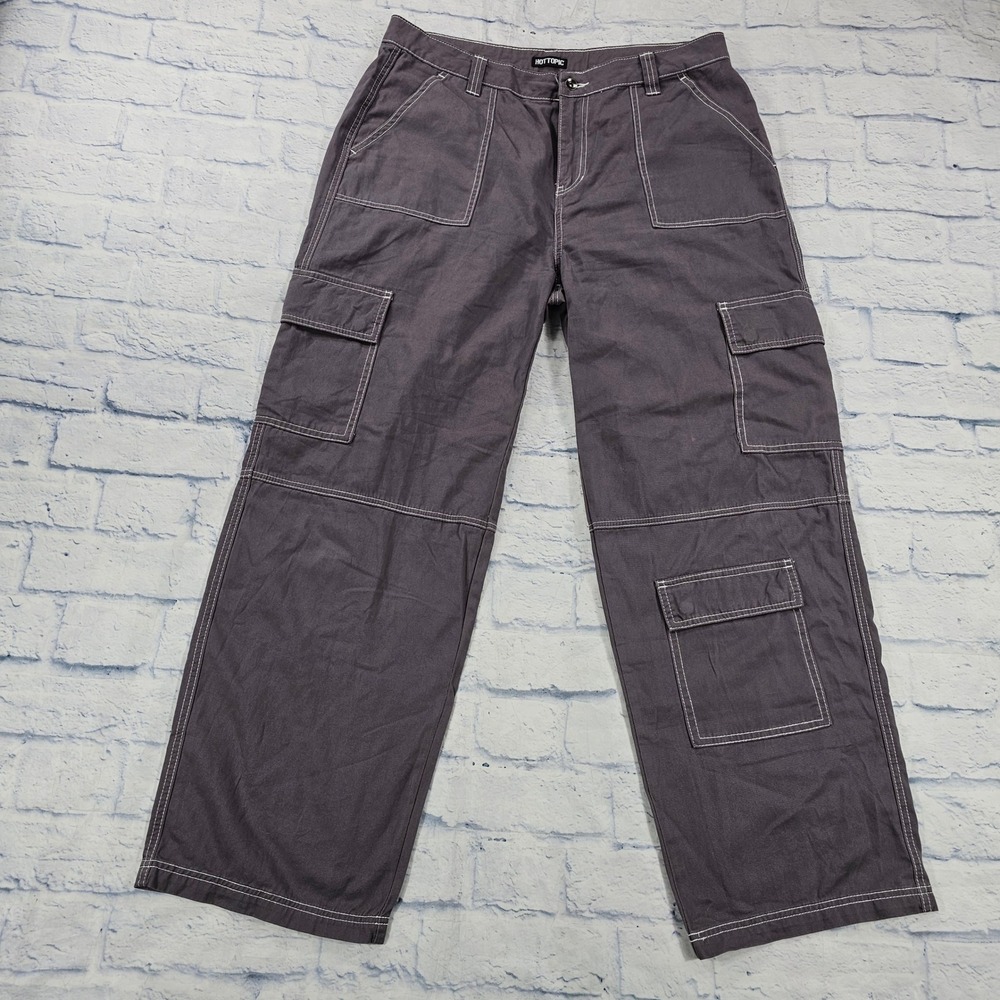 Hot Topic Cargo Pants Womens 15 Grey Contrast Stitch Wide Leg Grunge Y2K Utility